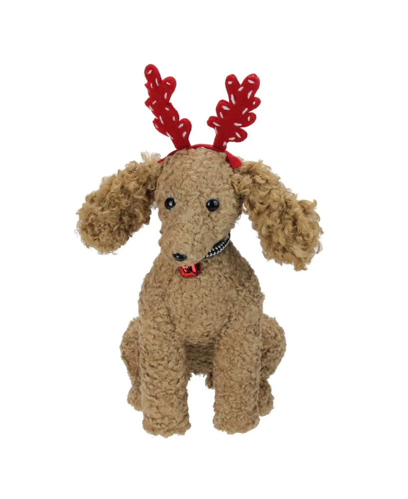 Northlight 14.5" Plush Tan Bichon FrisA Puppy Dog with Red Antlers Christmas Decoration