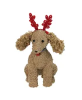 Northlight 14.5" Plush Tan Bichon FrisA Puppy Dog with Red Antlers Christmas Decoration