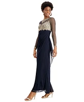 Xscape Petite Embellished Illusion-Bodice Ruched Gown