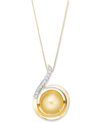 14k Gold Necklace, Golden South Sea Pearl (11mm) and Diamond (1/10 ct. t.w.) Swirl Pendant
