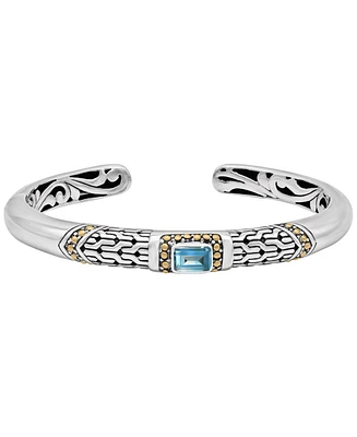 Devata Blue Topaz & Bali Cuff Bracelet Sterling Silver and 18K Gold Accents, Medium