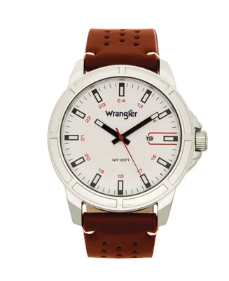 Wrangler Men's, 48MM Silver Case with White Dial, White Index Markers, Sand Satin Dial, Analog, Date Function , Red Second Hand, Brown Strap with Whit