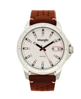 Wrangler Men's, 48MM Silver Case with White Dial, White Index Markers, Sand Satin Dial, Analog, Date Function , Red Second Hand, Brown Strap with Whit