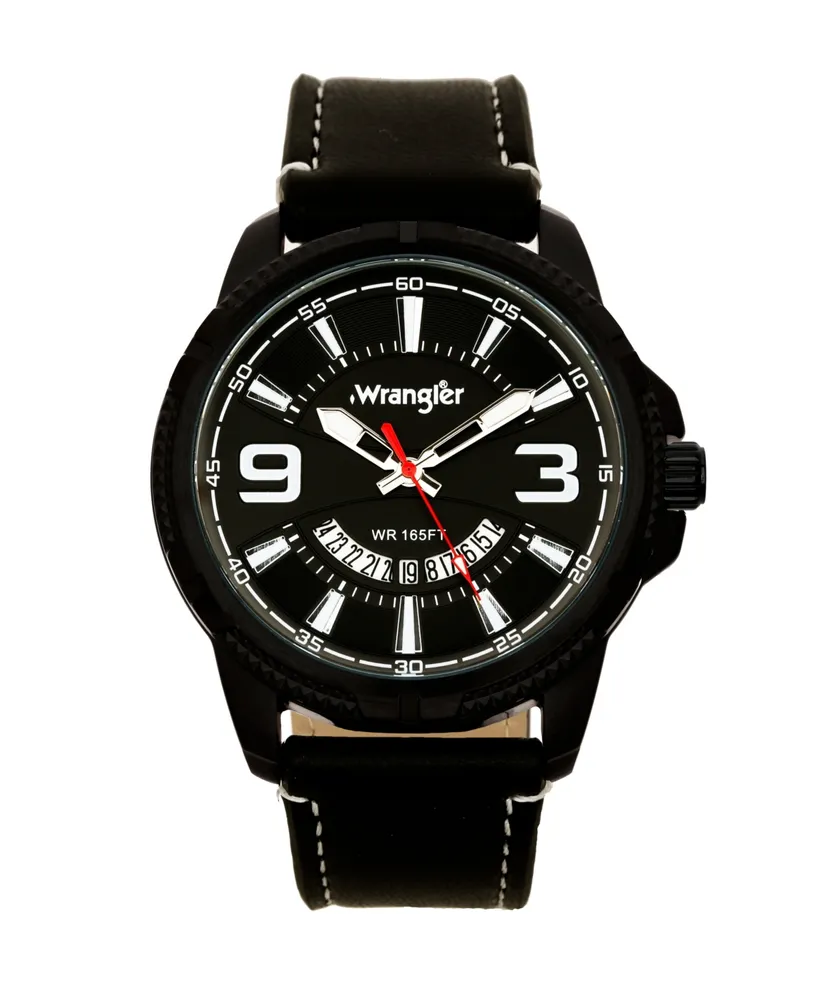 Wrangler Men's Watch, 48MM Black Ridged Case with Black Zoned Dial, Outer Zone is Milled with White Index Markers