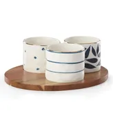 Lenox Blue Bay Set/3 Round Snack Bowls with Wood Tray