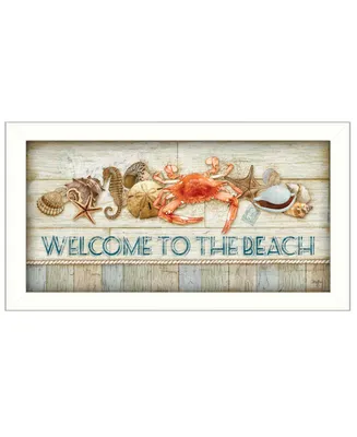 Trendy Decor 4U Welcome to the Beach By Mollie B., Printed Wall Art, Ready to hang, White Frame, 11" x 20"