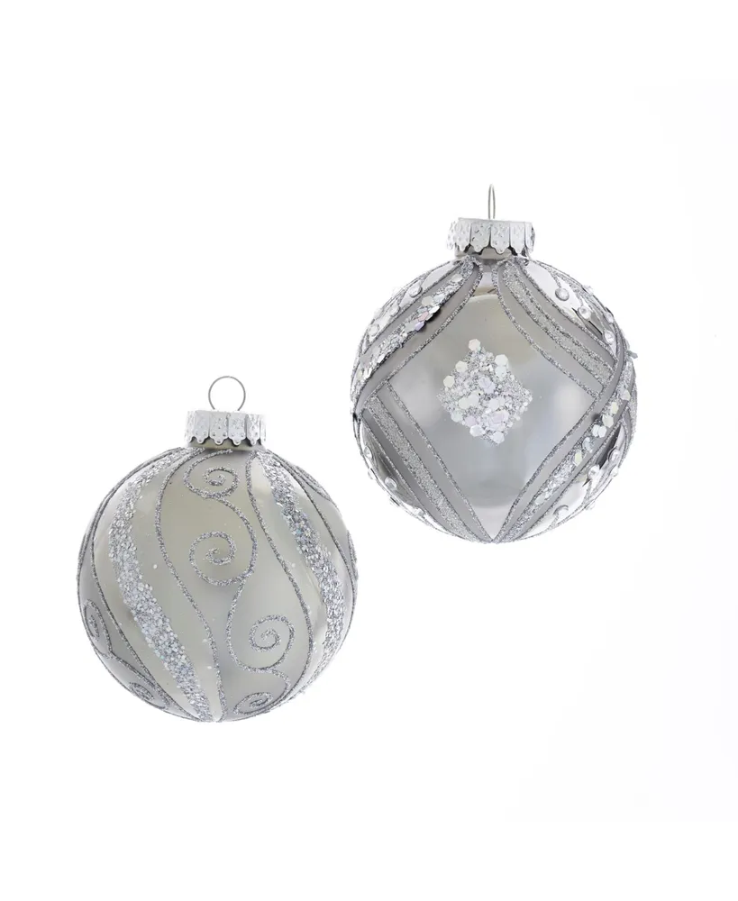 Kurt Adler 80MM Matte and Shiny Silver with Glitter Glass Ball Ornaments, 6 Piece Box