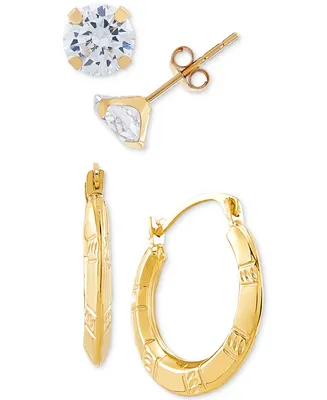 2-Pc. Set Cubic Zirconia Stud Earrings & Small Puff Hoop Earrings in 10k Gold