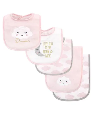 Hudson Baby Infant Girl Cotton Terry Bib and Burp Cloth Set 5pk, Dreamer, One Size