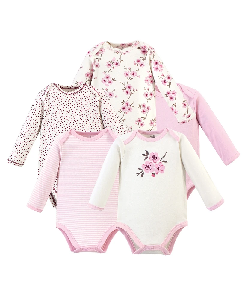 Touched by Nature Baby Girls Organic Cotton Long-Sleeve Bodysuits 5pk, Cherry Blossom, 12-18 Months