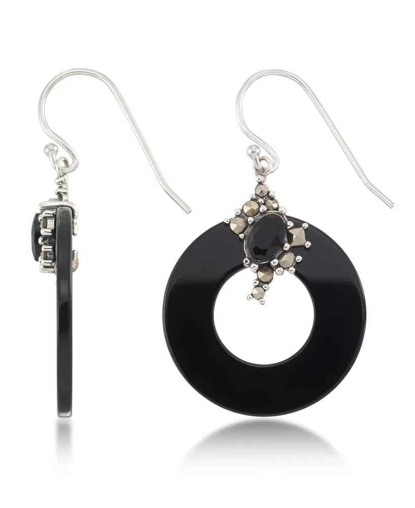 Marcasite and Onyx Disc and Faceted Onyx Wire Earrings in Sterling Silver