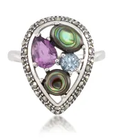 Marcasite and Amethyst (1-1/4 ct. tw.), Abalone (9/10 ct. t.w.) and Blue topaz (1/4 ct. t.w.) Teardrop Ring in Sterling Silver - Purple