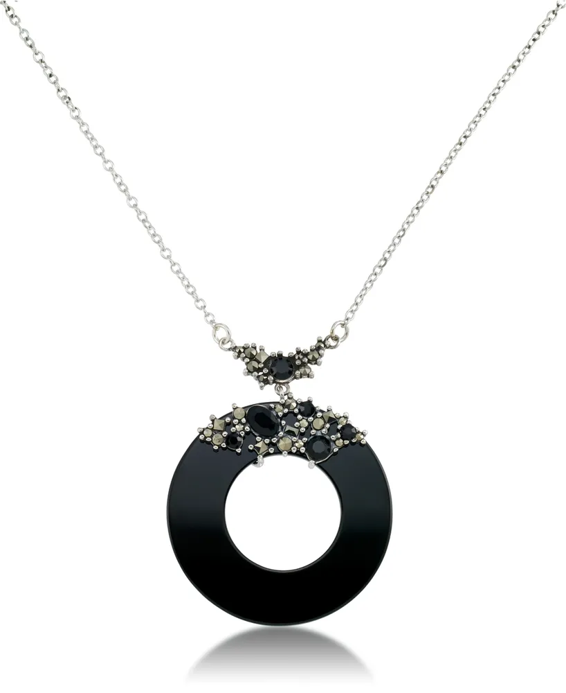 Marcasite and Onyx Disc and Faceted Onyx 18" Necklace in Sterling Silver