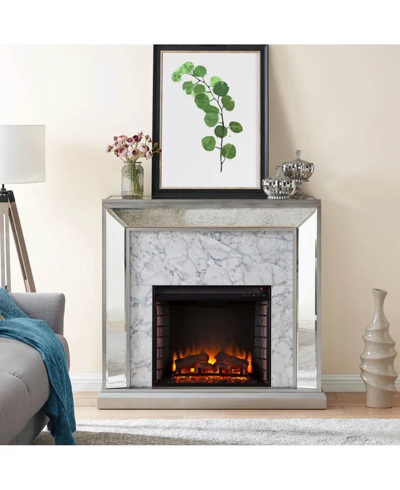 Southern Enterprises Audrey Faux Stone Mirrored Electric Fireplace