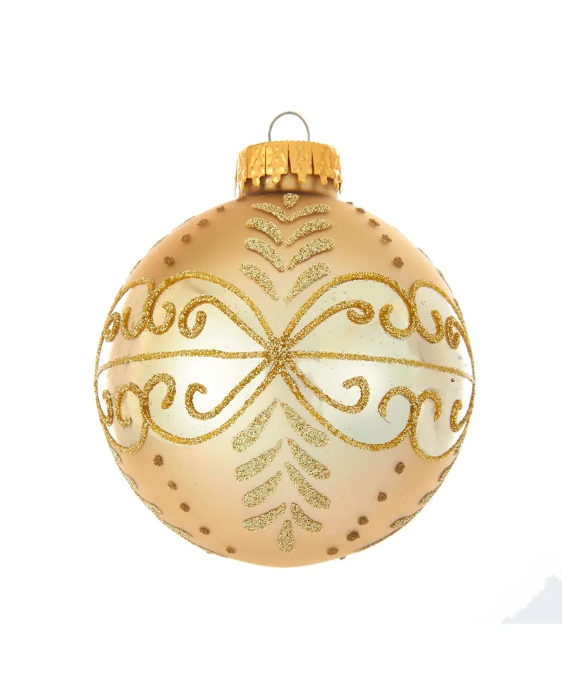 Kurt Adler 80MM Gold With Gold Pattern Glass Ball Ornaments, 6-Piece Box