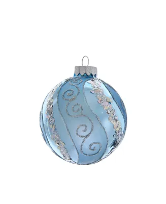 Kurt Adler 80MM Silver Blue with Glitter and Sequins Glass Ball Ornaments, 6 Piece Box