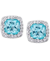 Birthstone Cushion Halo Solitaire Stud Earrings Silver Plate