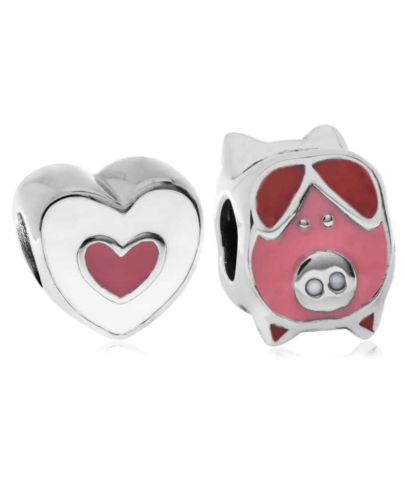 Rhona Sutton 4 Kids Children's Enamel Piglet Heart Bead Charms - Set of 2 in Sterling Silver
