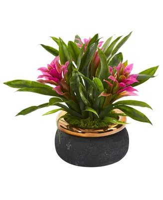 Nearly Natural 11in. Bromeliad Artificial Plant in Stoneware Planter