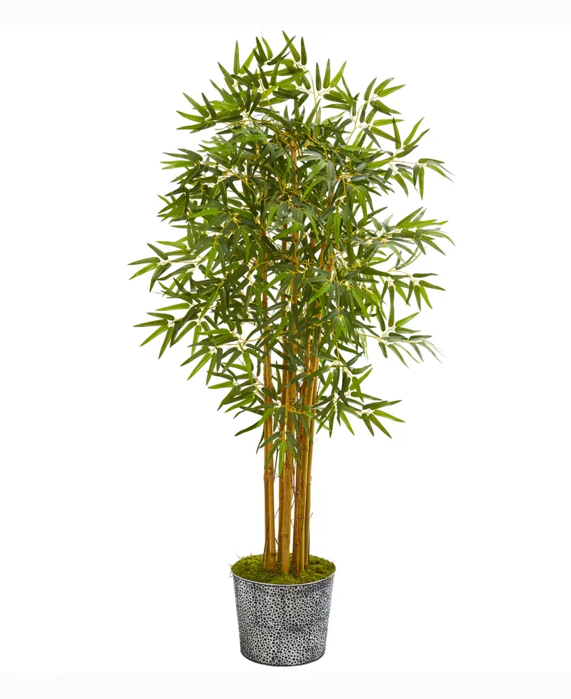 Nearly Natural 5ft. Bamboo Artificial Tree in Black Embossed Tin Planter