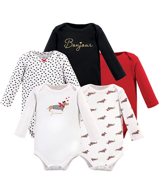 Hudson Baby Girls Cotton Long-Sleeve Bodysuits 5pk, Bonjour, Months