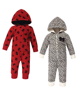 Little Treasure Baby Girls Treasure Fleece Jumpsuits and Coveralls 2pk, Leopard Bow