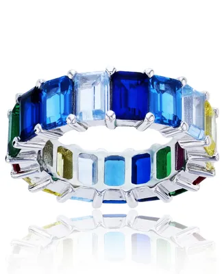 Rainbow Colored Emerald Cut Cubic Zirconia Eternity Band Rhodium Plated Sterling Silver