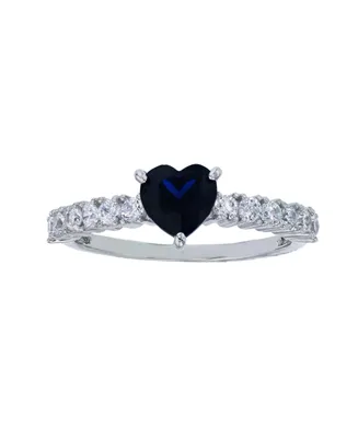 Created Blue Spinel and White Cubic Zirconia Heart Ring Rhodium Plated Sterling Silver