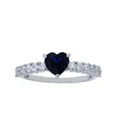 Created Blue Spinel and White Cubic Zirconia Heart Ring Rhodium Plated Sterling Silver