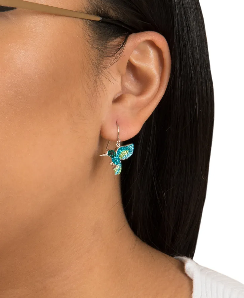 Multi Pave Crystal Hummingbird Wire Drop Earrings set in Sterling Silver