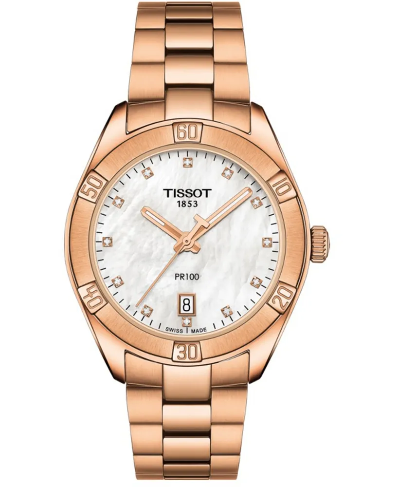 Tissot Women's Swiss Pr 100 Sport Chic T-Classic Diamond (1/20 ct. t.w.) Rose Gold-Tone Stainless Steel Bracelet Watch 36mm