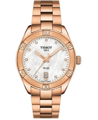 Tissot Women's Swiss Pr 100 Sport Chic T-Classic Diamond (1/20 ct. t.w.) Rose Gold-Tone Stainless Steel Bracelet Watch 36mm