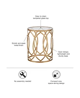 Madison Park Arlo 16" Round Glam Luxury Metal Eyelet Accent Table with Tempered Glass Top