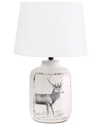Simple Designs Rustic Deer Buck Nature Printed Ceramic Farmhouse Accent Table Lamp with Fabric Shade - Off