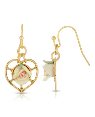 2028 14K Gold-Dipped Heart Porcelain Rose Earrings