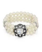 2028 Silver-ToneTone 3-Row Imitation Pearl and Crystal Strectch Bracelet