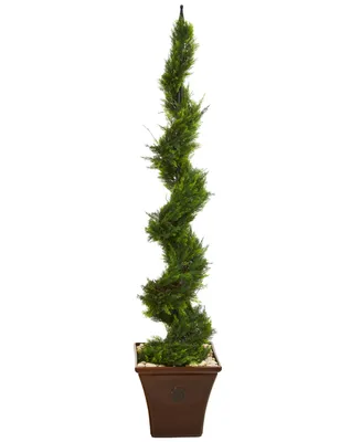 Nearly Natural 5.5ft. Cypress Artificial Spiral Tree in Brown Planter
