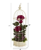 Nearly Natural 24in. Mum and Echeveria Artificial Arrangement in Decorative Cage