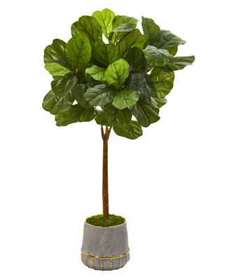 Nearly Natural 41in. Fiddle Leaf Artificial Tree in Stoneware Planter with Gold Trimming Real Touch