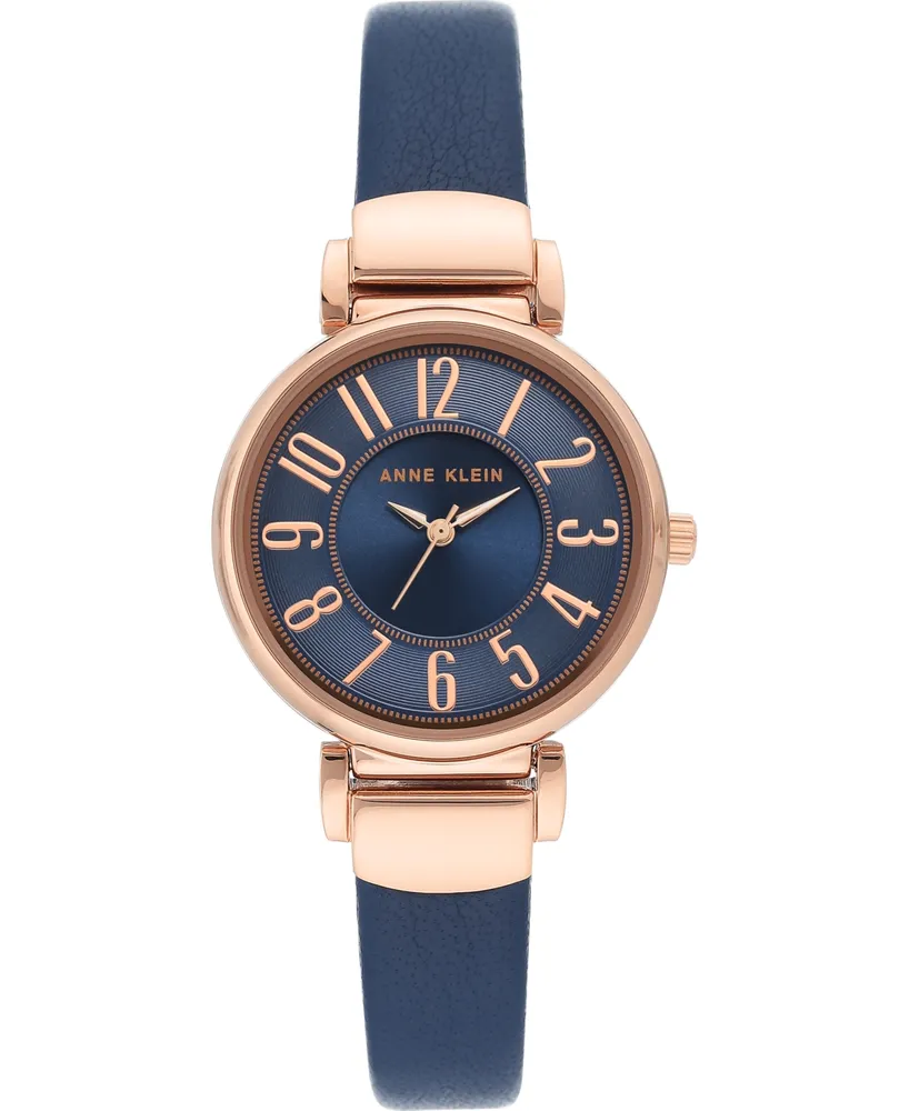 Anne Klein Women's Navy Blue Leather Strap Watch 30mm