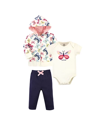 Touched by Nature Baby Girls Organic Cotton Hoodie, Bodysuit or Tee Top, and Pant, Bright Butterflies, 6-9 Months