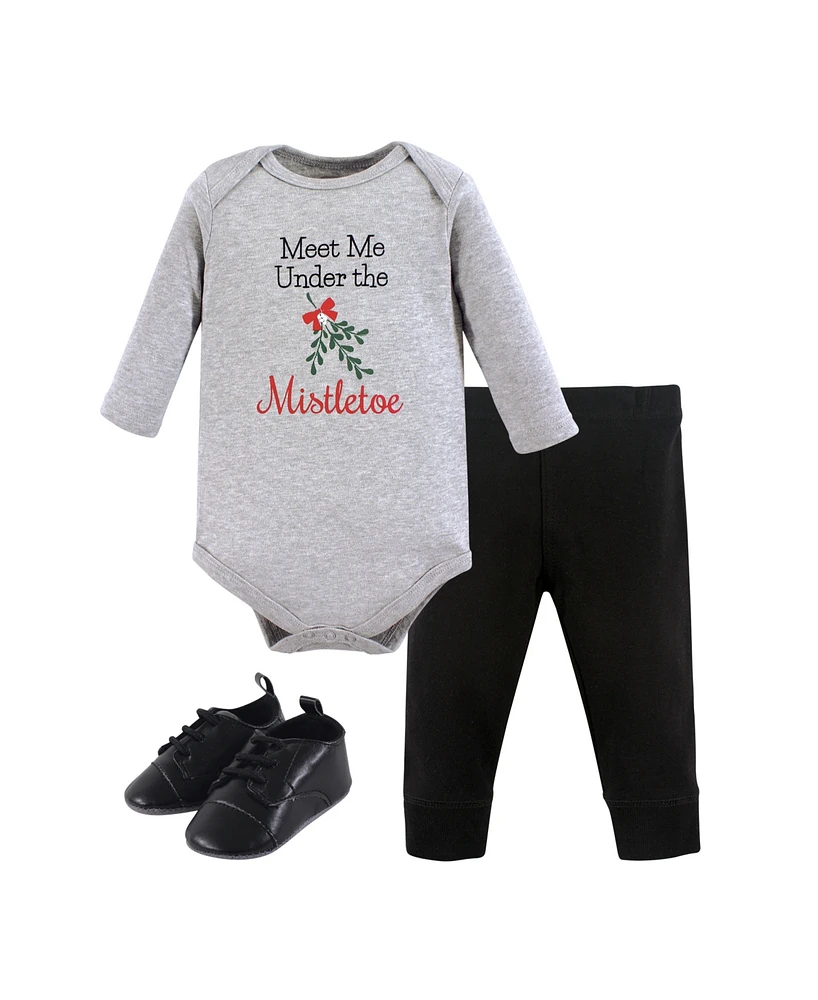 Little Treasure Baby Girls and Boys Mistletoe Bodysuit, Pant Shoe Set, Pack of 3