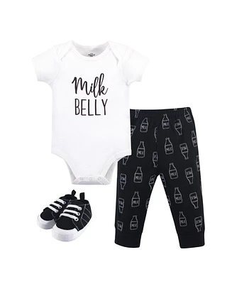 Little Treasure Baby Girls and Boys Milk Belly Bodysuit, Pant Shoe Set, Pack of 3