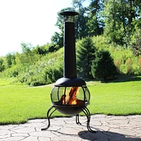 66-Inch Black Heavy-Duty Steel Wood-Burning Chiminea with Rain Cap - High-Temperature Paint Finish