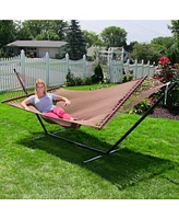 Polyester Rope Double Hammock with 15-Foot Steel Stand - 400-Pound Capacity Red