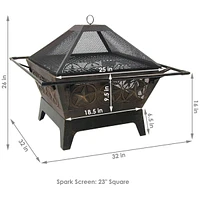 Sunnydaze Decor Northern Galaxy 32-Inch Heavy-Duty Square Fire Pit with Cooking Grill Grate, Spark Screen, and Fireplace Poker