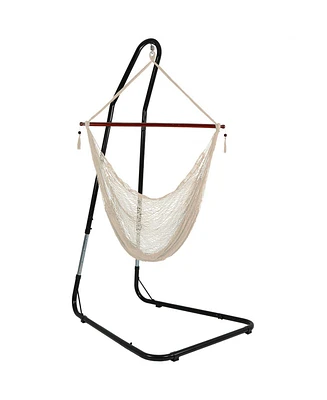 Cabo-Style Hanging Rope Hammock Chair Swing with Adjustable Stand - 330-Pound Capacity - Black Stand - Cream