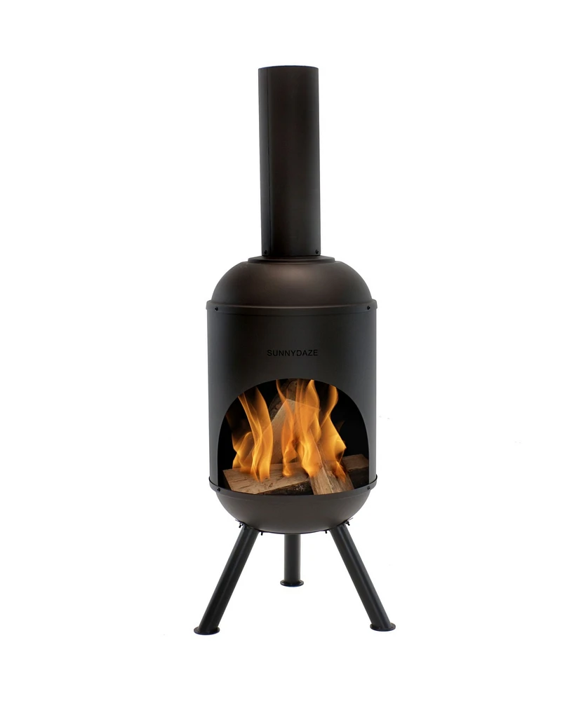 Sunnydaze Decor 5-Foot Black Cold-Rolled Steel Modern Chiminea with Durable Wood Grate - Heat-Resistant Paint Finish