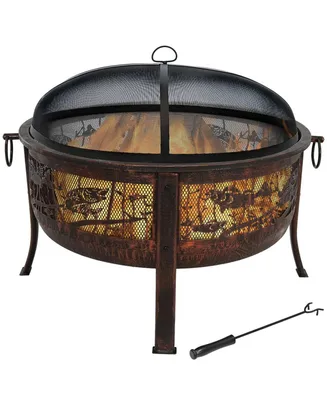 Sunnydaze Decor 30-Inch Fire Pit with Spark Screen, Water-Resistant Cover, Metal Grate, and Fireplace Poker - Northwoods Fishing