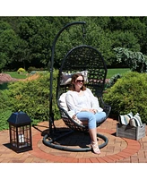 Cordelia Hanging Egg Chair with Steel Stand Set - Resin Wicker Porch Swing Includes Beige Cushion and Headrest